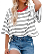 Camiseta Mila para mujer – Top oversize a rayas con cuello redondo y mangas cortas