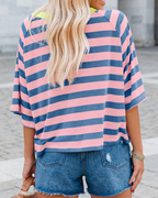 Camiseta Mila para mujer – Top oversize a rayas con cuello redondo y mangas cortas