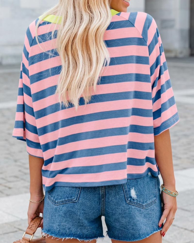 Camiseta Mila para mujer – Top oversize a rayas con cuello redondo y mangas cortas