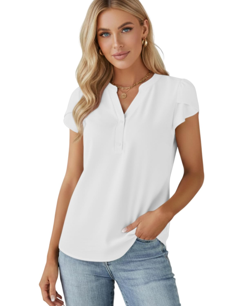 Gabriella Blusa Donna – Top in Chiffon con Scollo a V, Bottoni & Maniche a Sbuffo