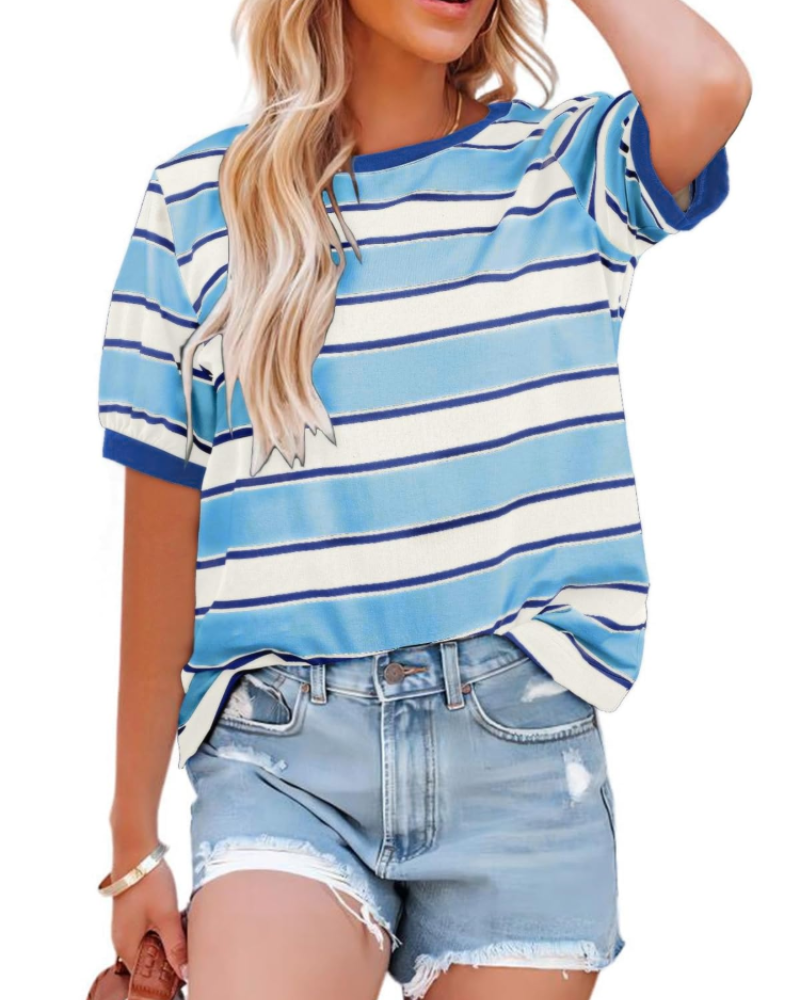 Natalie T-Shirt Donna – Top a Righe con Girocollo, Contrasto Colore & Tessuto Morbido