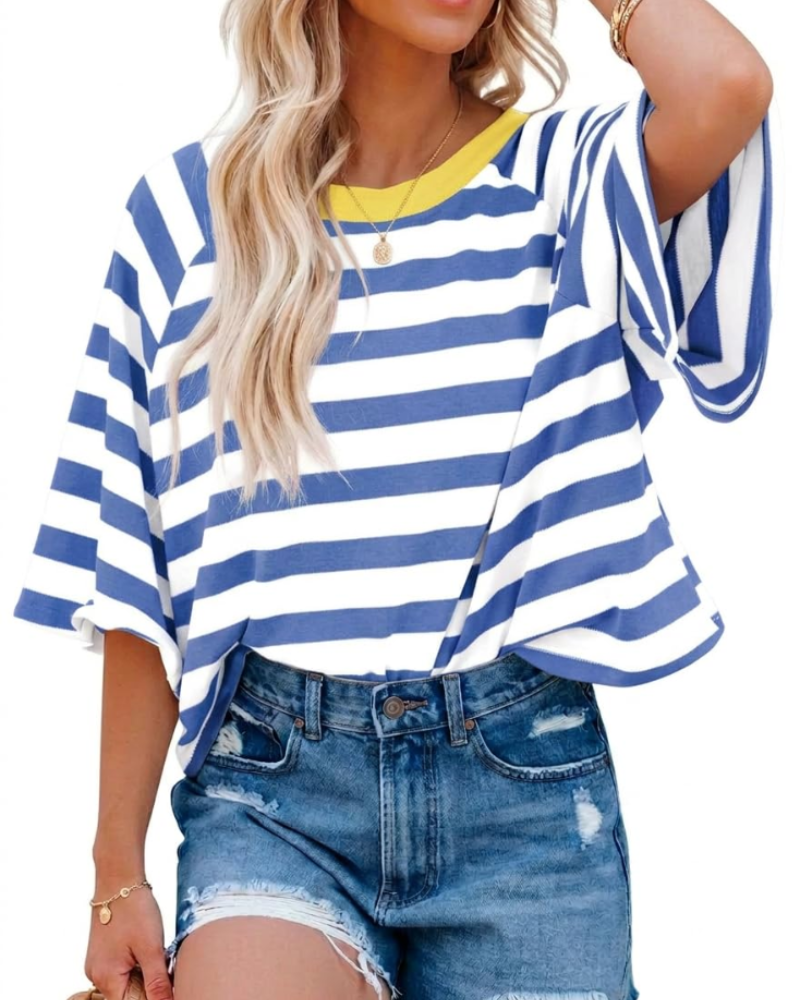 Camiseta Mila para mujer – Top oversize a rayas con cuello redondo y mangas cortas