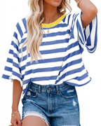 Camiseta Mila para mujer – Top oversize a rayas con cuello redondo y mangas cortas