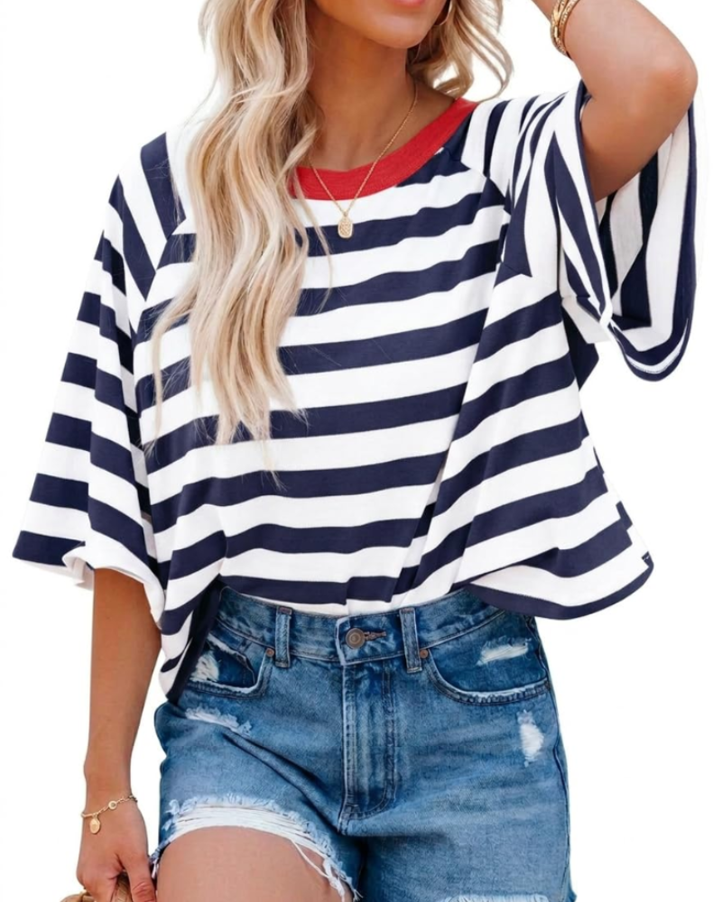 Camiseta Mila para mujer – Top oversize a rayas con cuello redondo y mangas cortas
