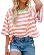 Camiseta Mila para mujer – Top oversize a rayas con cuello redondo y mangas cortas