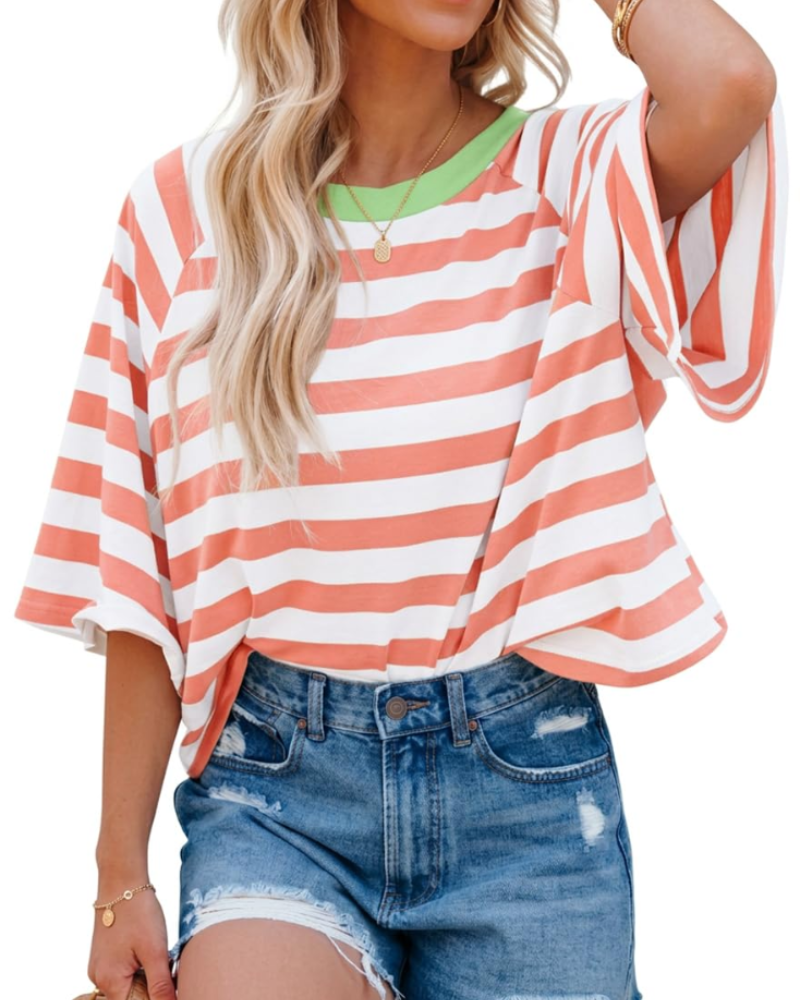 Camiseta Mila para mujer – Top oversize a rayas con cuello redondo y mangas cortas