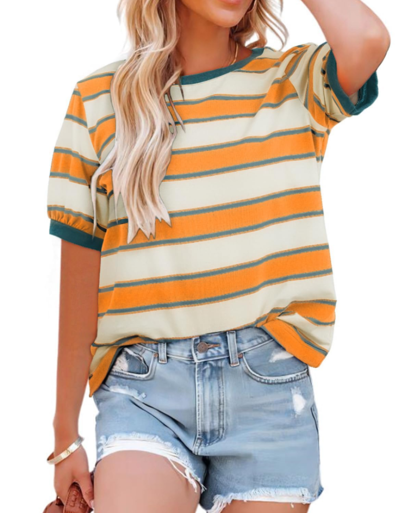 Natalie T-Shirt Donna – Top a Righe con Girocollo, Contrasto Colore & Tessuto Morbido