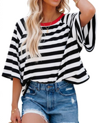 Camiseta Mila para mujer – Top oversize a rayas con cuello redondo y mangas cortas