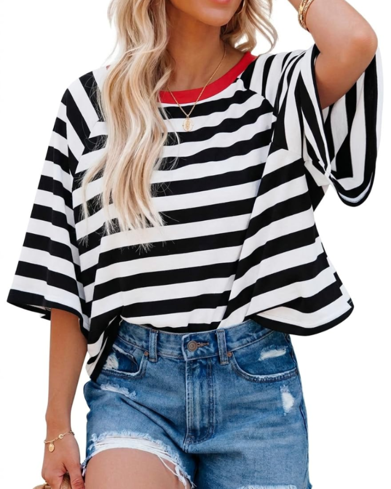 Camiseta Mila para mujer – Top oversize a rayas con cuello redondo y mangas cortas