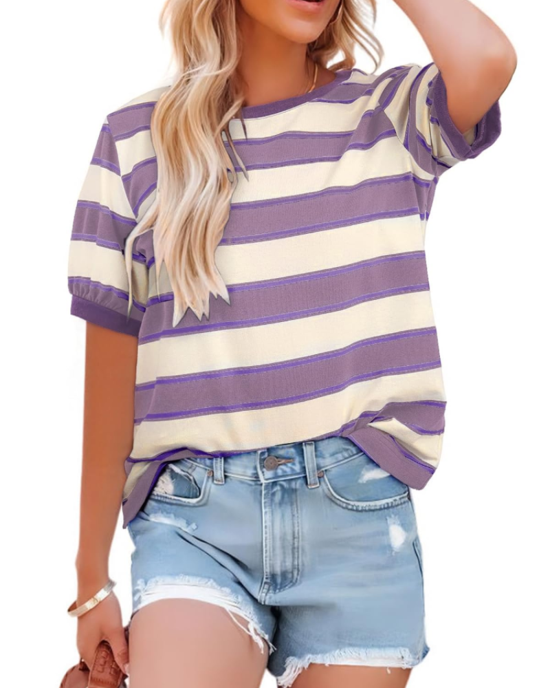 Natalie T-Shirt Donna – Top a Righe con Girocollo, Contrasto Colore & Tessuto Morbido