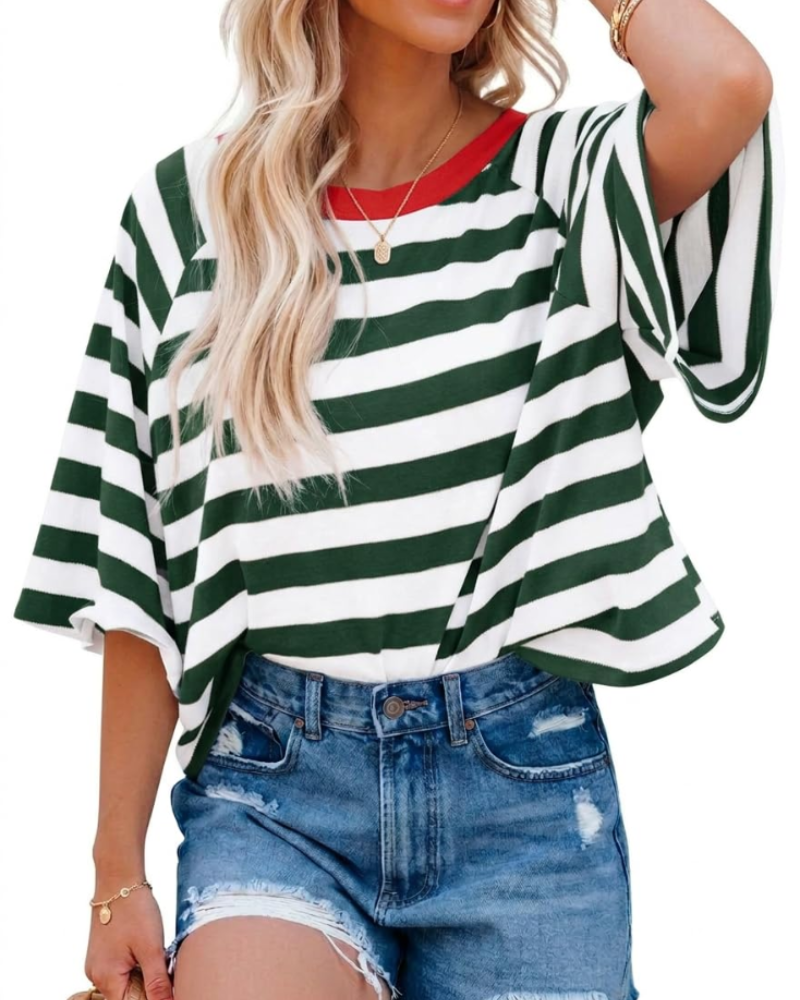 Camiseta Mila para mujer – Top oversize a rayas con cuello redondo y mangas cortas