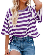 Camiseta Mila para mujer – Top oversize a rayas con cuello redondo y mangas cortas