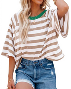 Camiseta Mila para mujer – Top oversize a rayas con cuello redondo y mangas cortas