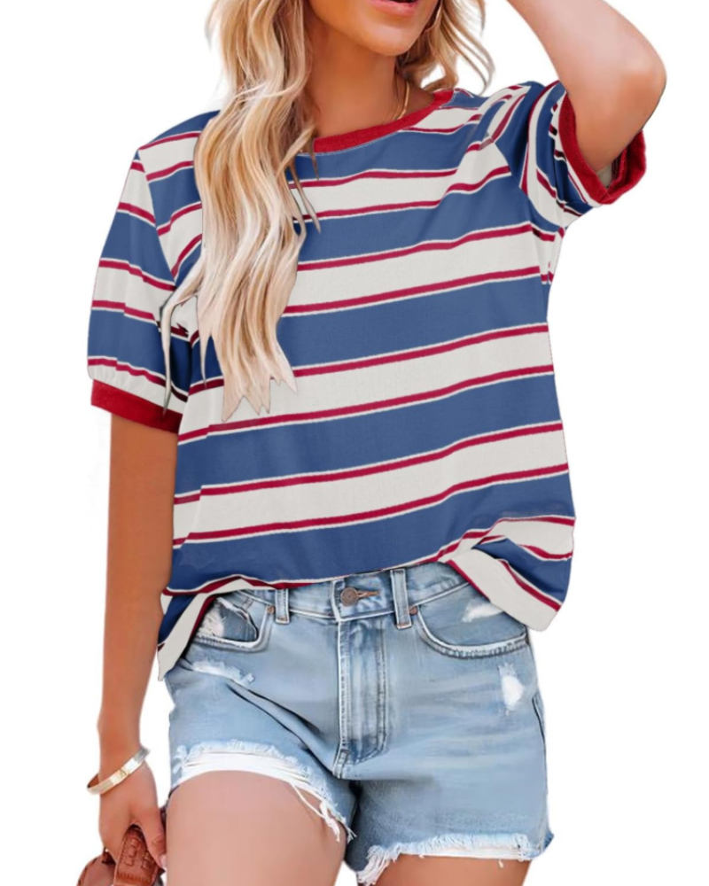 Natalie T-Shirt Donna – Top a Righe con Girocollo, Contrasto Colore & Tessuto Morbido