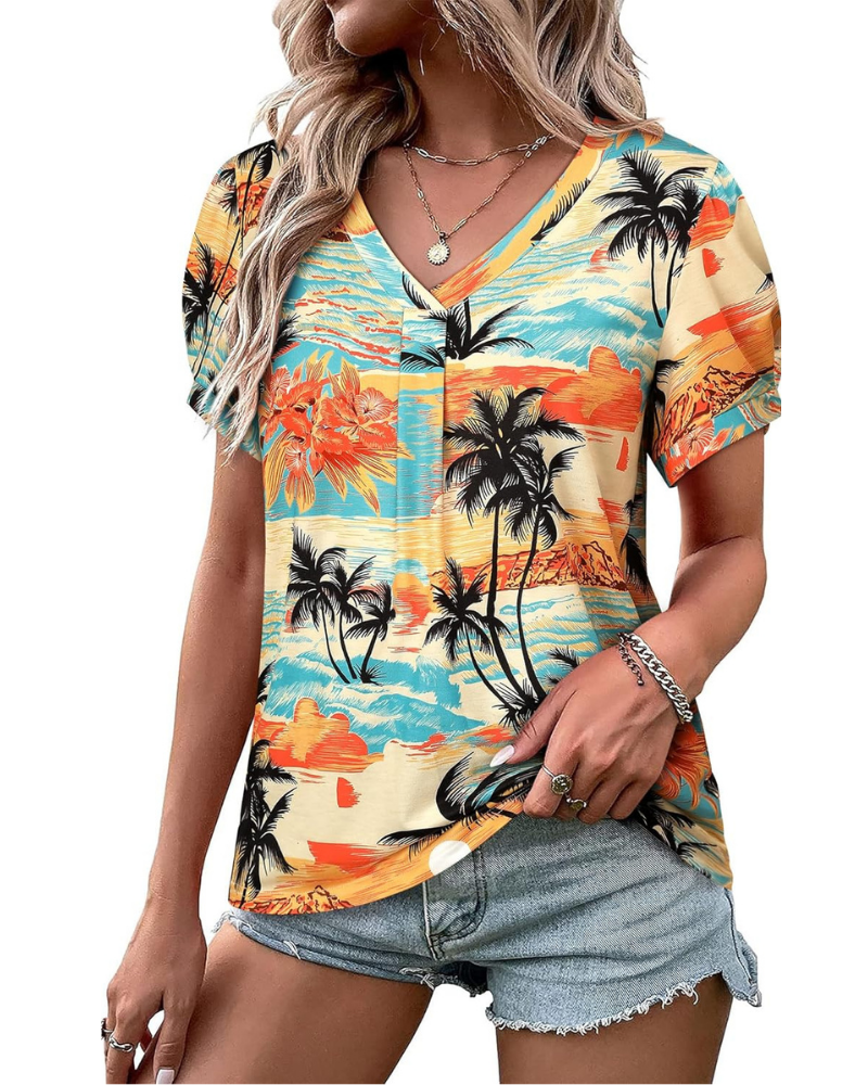 Harper T-Shirt Donna – Blusa Floreale Tropicale con Scollo a V e Maniche a Sbuffo