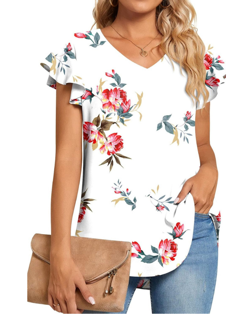 Blouse Bianca Femme – Top en chiffon avec col en V et manches courtes à volants