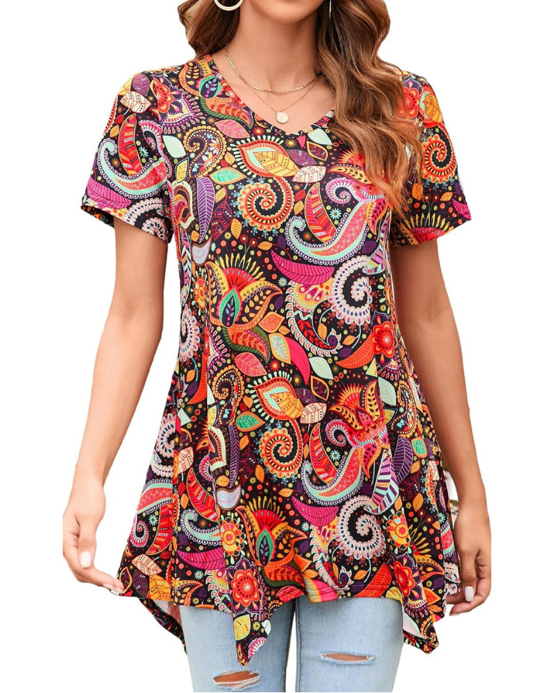 Brielle Tunica Donna – Top Paisley con Scollo a V, Maniche Corte e Orlo Svasato