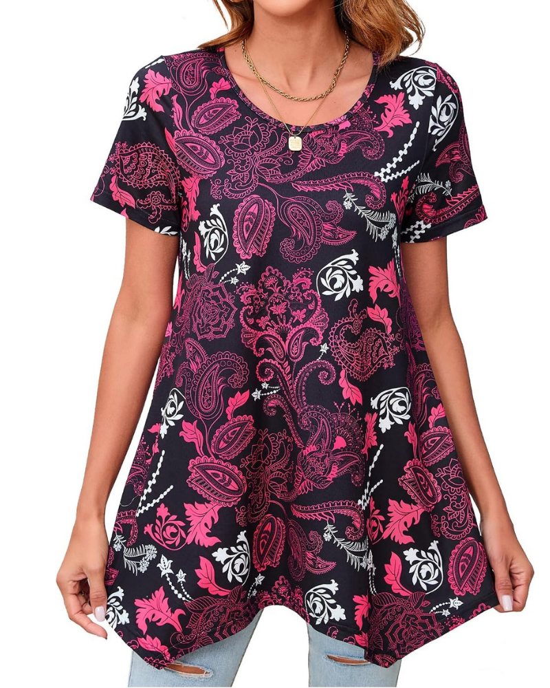 Adelaide Tunica Donna – Haut Floral Paisley avec Col Rond et Manches Courtes
