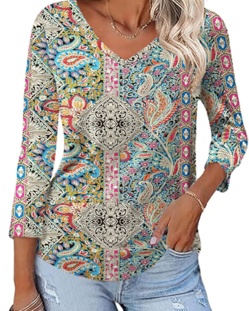 Carys Blusa Donna – Top Floreale con Scollo a V, Maniche 3/4 e Orlo Curvo