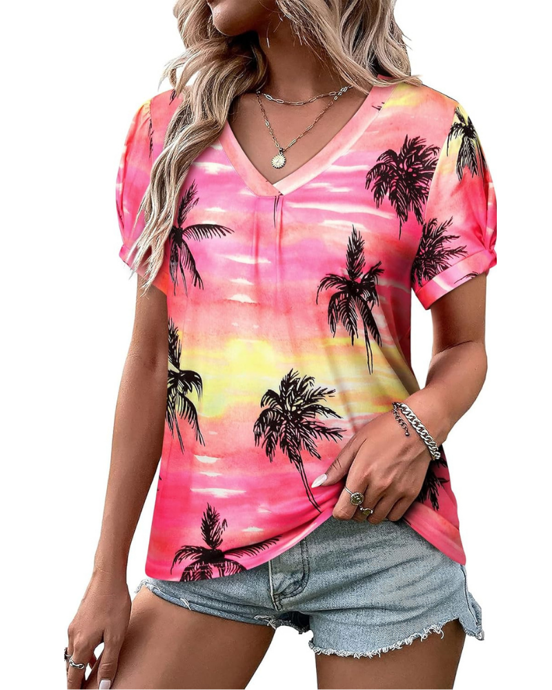 Harper T-Shirt Donna – Blusa Floreale Tropicale con Scollo a V e Maniche a Sbuffo