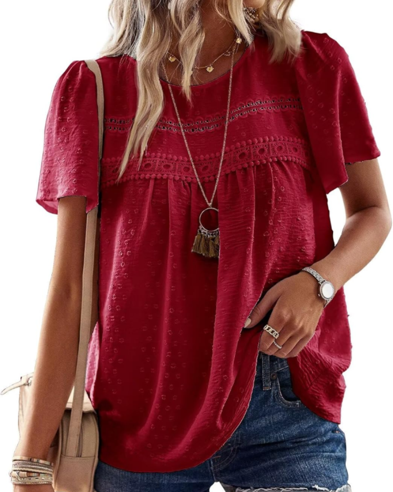 Elspeth Top Donna – Blouse en chiffon avec dentelle crochet, col rond et manches courtes