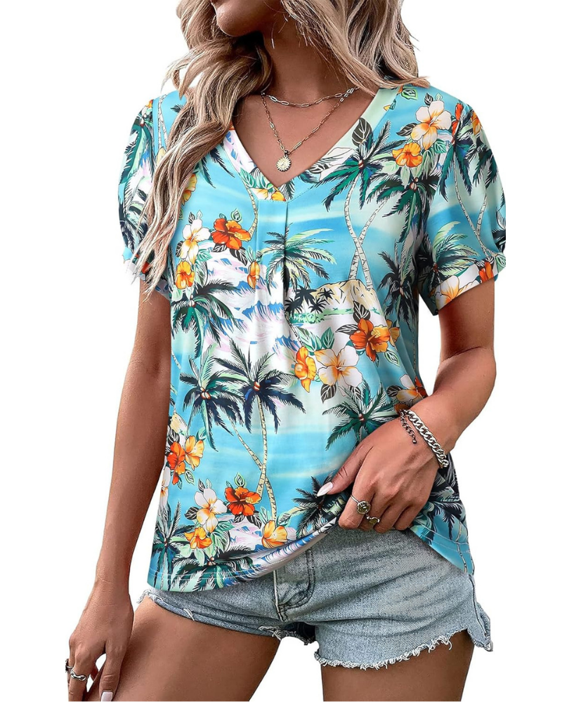 Harper T-Shirt Donna – Blusa Floreale Tropicale con Scollo a V e Maniche a Sbuffo