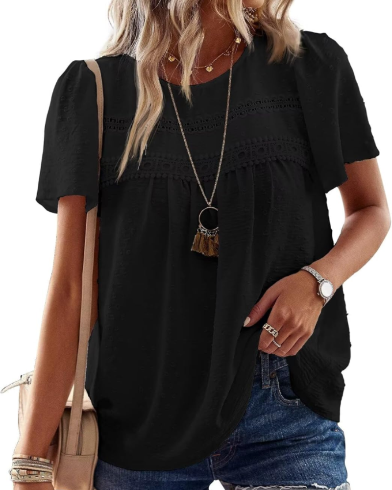 Elspeth Top Donna – Blouse en chiffon avec dentelle crochet, col rond et manches courtes