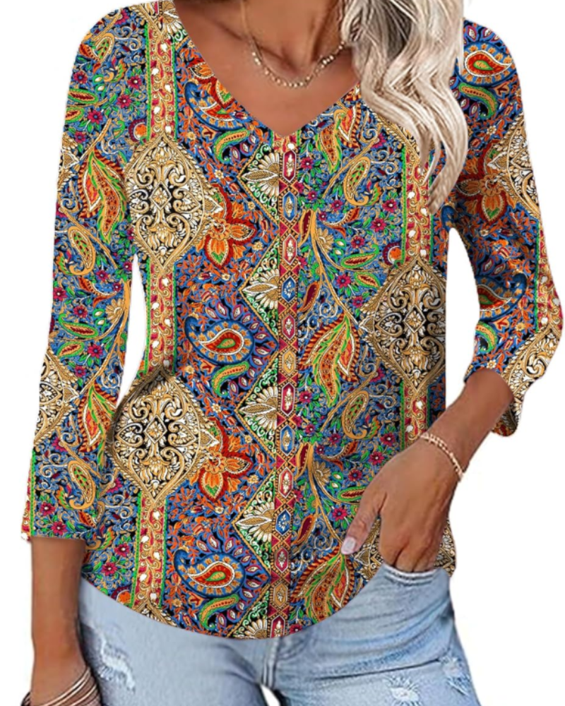Carys Blusa Donna – Top Floreale con Scollo a V, Maniche 3/4 e Orlo Curvo