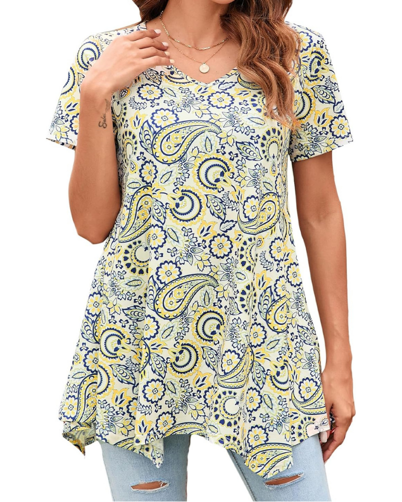 Brielle Tunica Donna – Top Paisley con Scollo a V, Maniche Corte e Orlo Svasato
