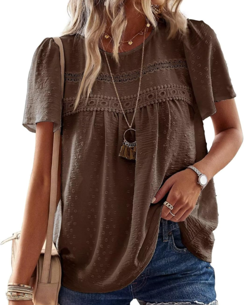Elspeth Top Donna – Blouse en chiffon avec dentelle crochet, col rond et manches courtes