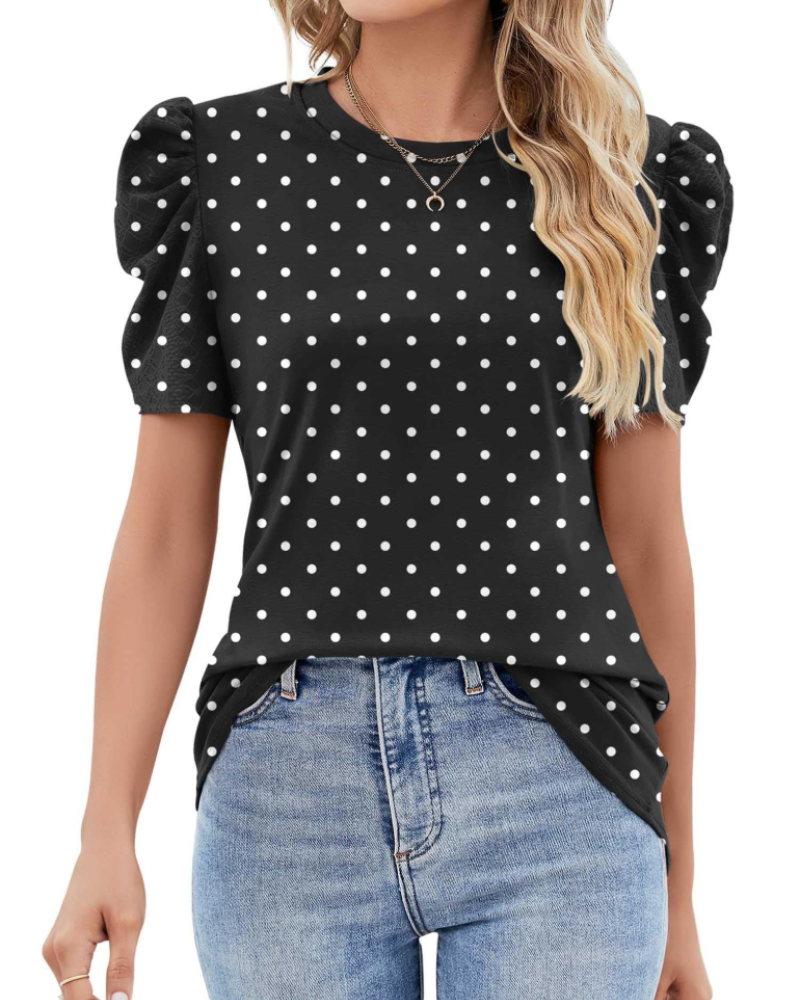 Maribel Blusa Donna – Top con Maniche a Sbuffo in Pizzo e Girocollo
