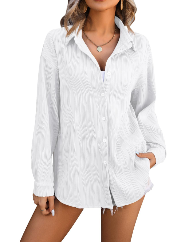 Elara Blusa Donna – Camicia Testurizzata con Scollo a V, Bottoni e Maniche Lunghe