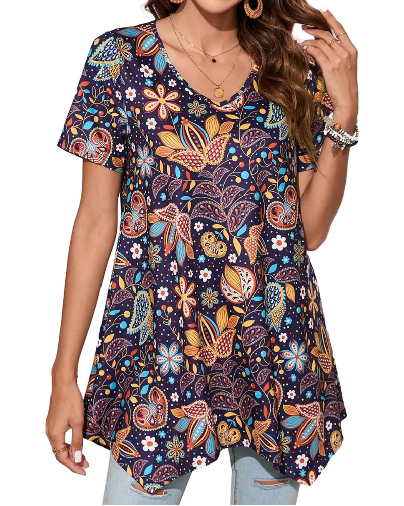 Brielle Tunica Donna – Top Paisley con Scollo a V, Maniche Corte e Orlo Svasato
