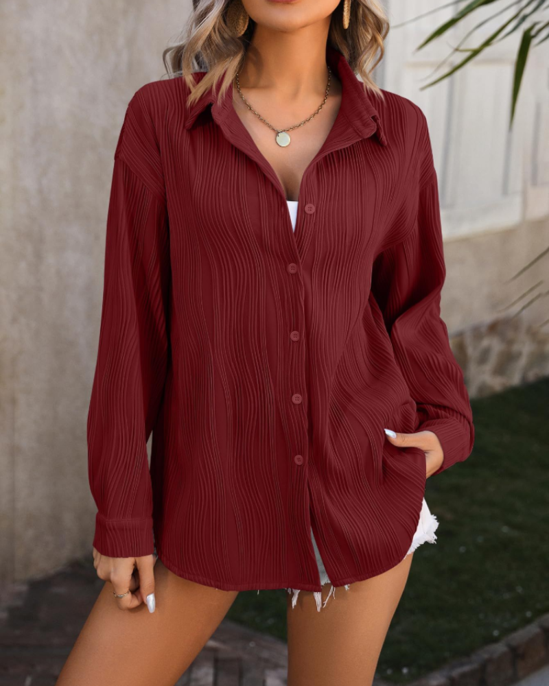 Elara Blusa Donna – Camicia Testurizzata con Scollo a V, Bottoni e Maniche Lunghe