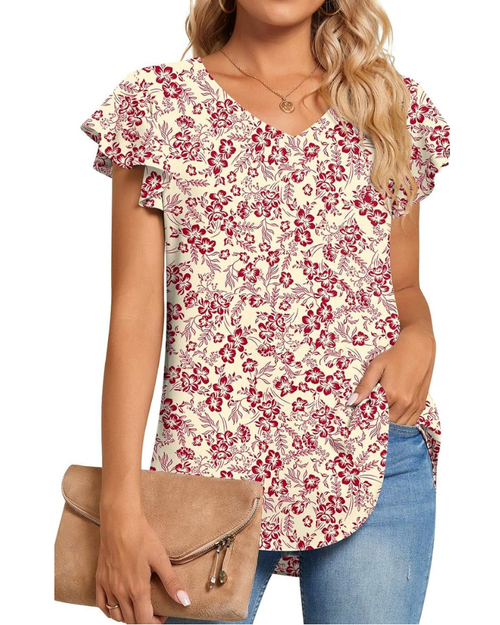 Bianca Blusa Donna – Top in Chiffon con Scollo a V e Maniche Corte a Volant