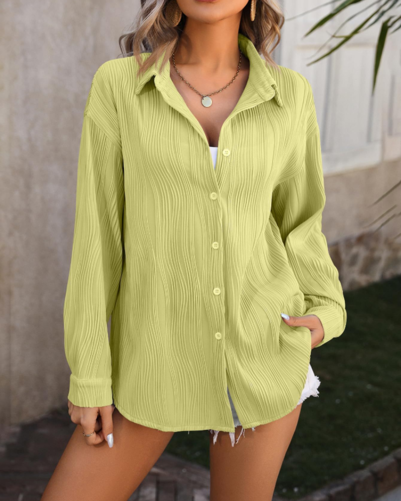 Elara Blusa Donna – Camicia Testurizzata con Scollo a V, Bottoni e Maniche Lunghe