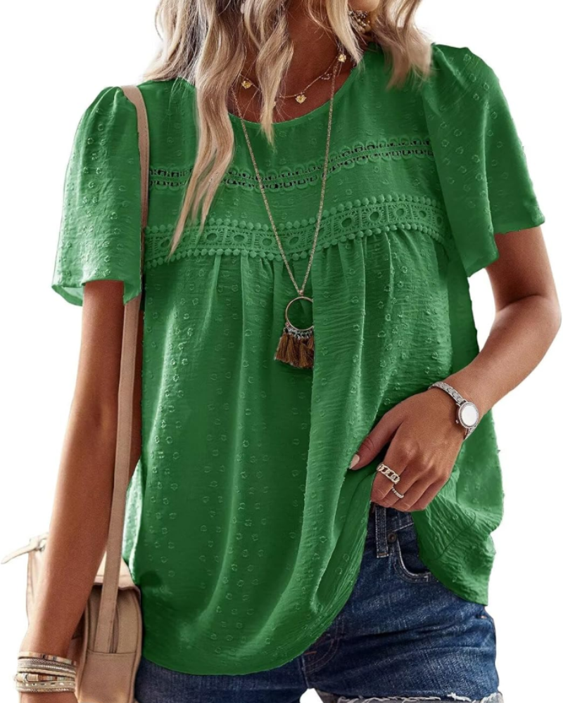 Elspeth Top Donna – Blouse en chiffon avec dentelle crochet, col rond et manches courtes