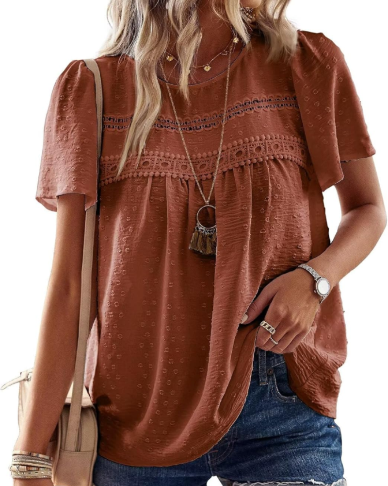 Elspeth Top Donna – Blouse en chiffon avec dentelle crochet, col rond et manches courtes