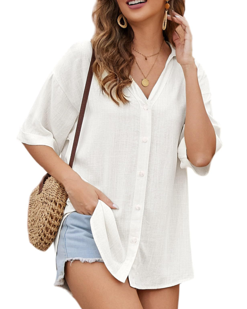 Elowen Chemisier Femme – Blouse en Lin et Viscose avec Col en V et Boutons