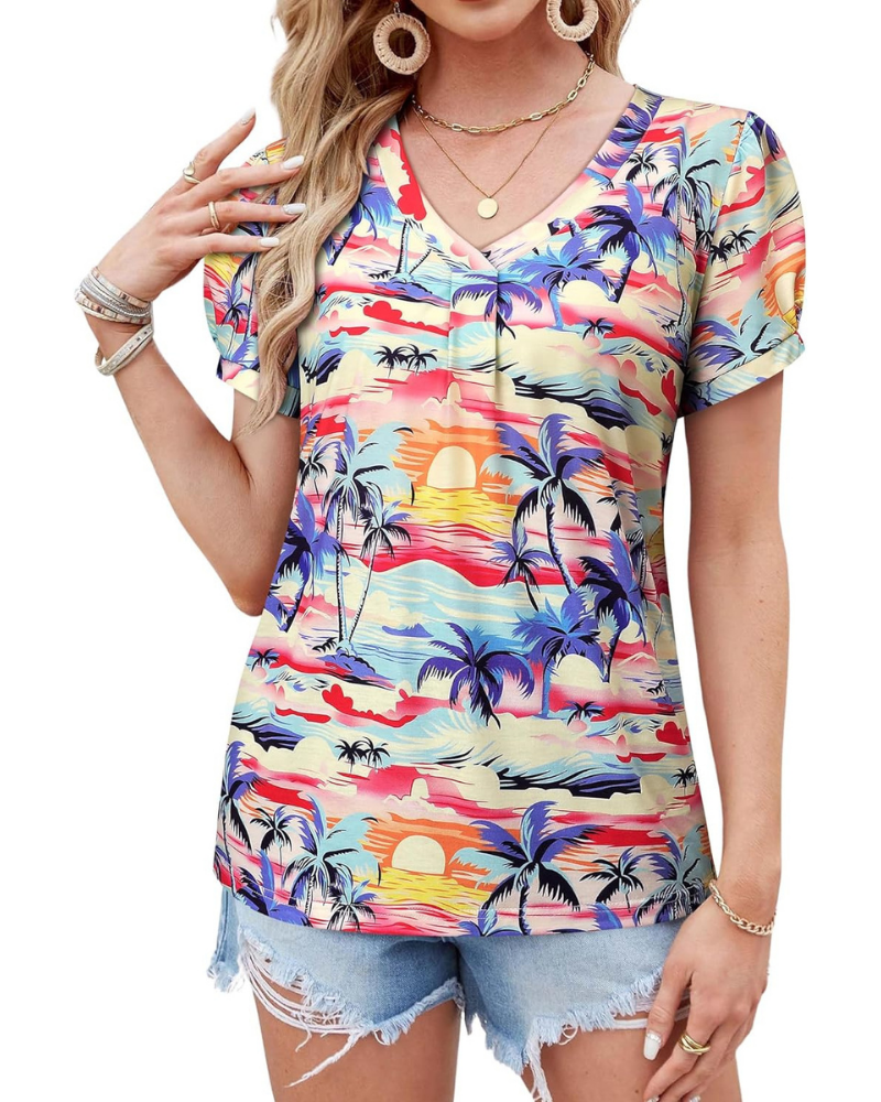 Harper T-Shirt Donna – Blusa Floreale Tropicale con Scollo a V e Maniche a Sbuffo