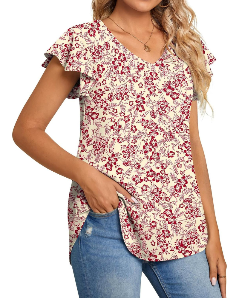 Bianca Blusa Donna – Top in Chiffon con Scollo a V e Maniche Corte a Volant