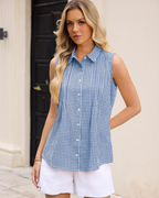 Miranda Camicia Donna – Blusa Smanicata in Cotone con Colletto, Bottoni e Pieghe