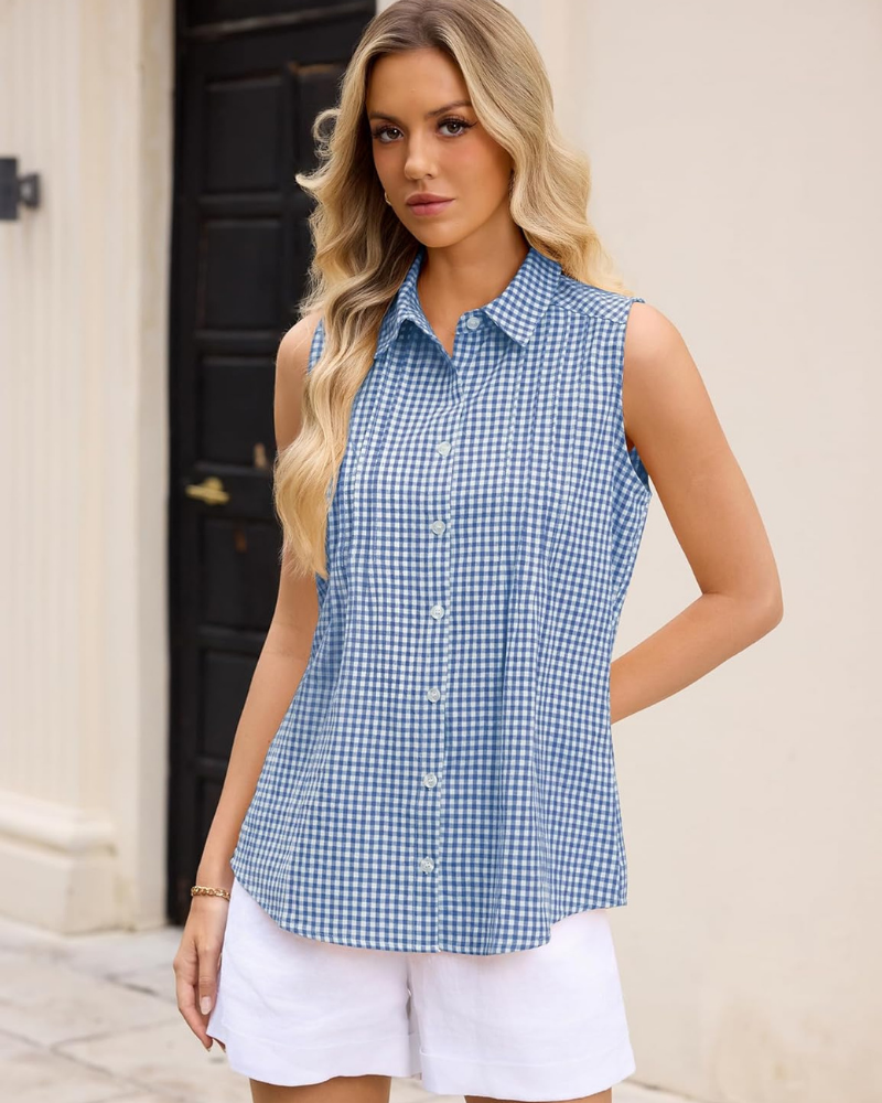 Miranda Camicia Donna – Blusa Smanicata in Cotone con Colletto, Bottoni e Pieghe
