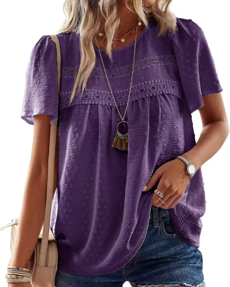 Elspeth Top Donna – Blouse en chiffon avec dentelle crochet, col rond et manches courtes