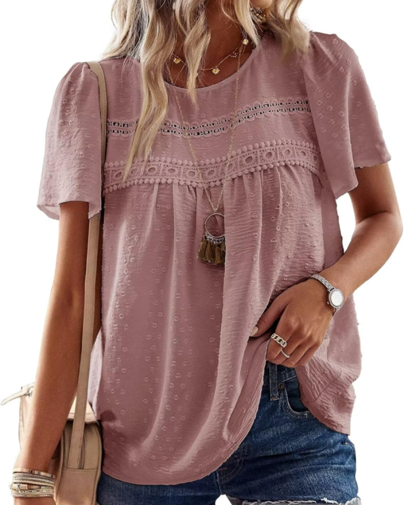 Elspeth Top Donna – Blouse en chiffon avec dentelle crochet, col rond et manches courtes