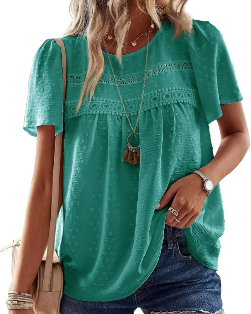 Elspeth Top Donna – Blouse en chiffon avec dentelle crochet, col rond et manches courtes