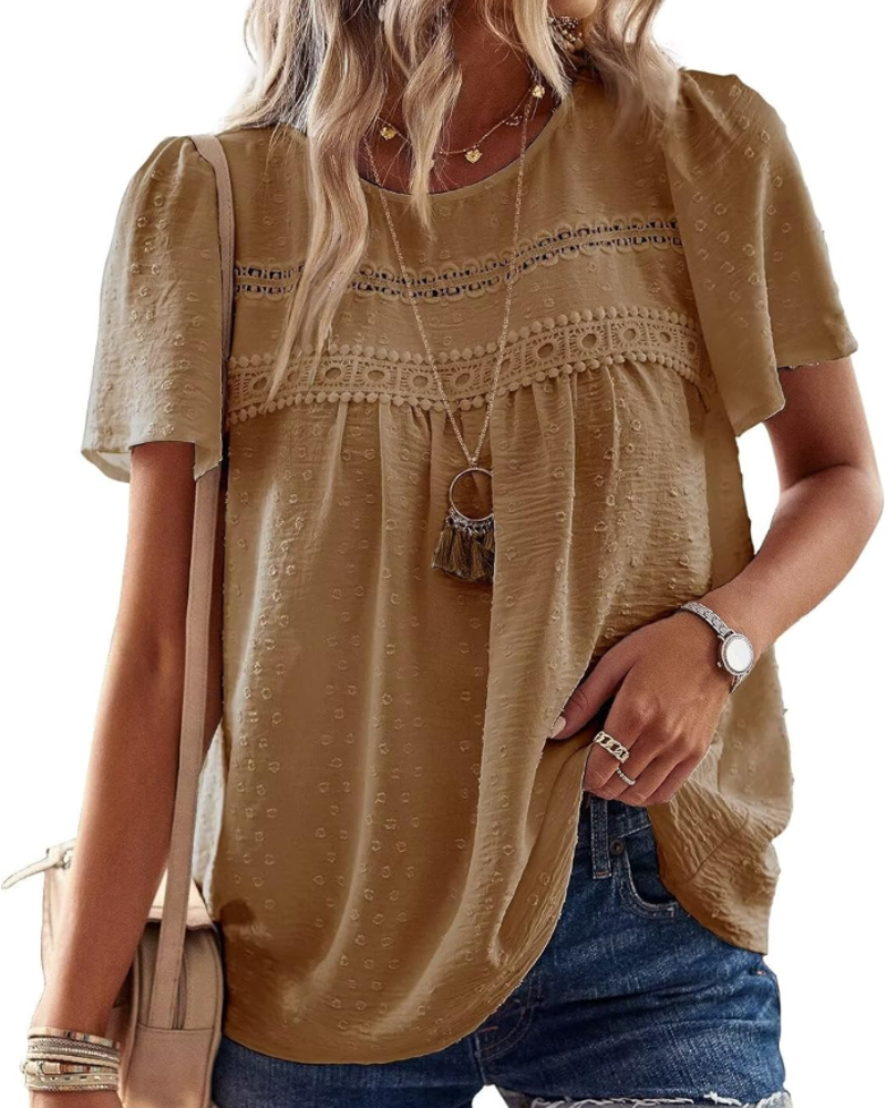 Elspeth Top Donna – Blouse en chiffon avec dentelle crochet, col rond et manches courtes