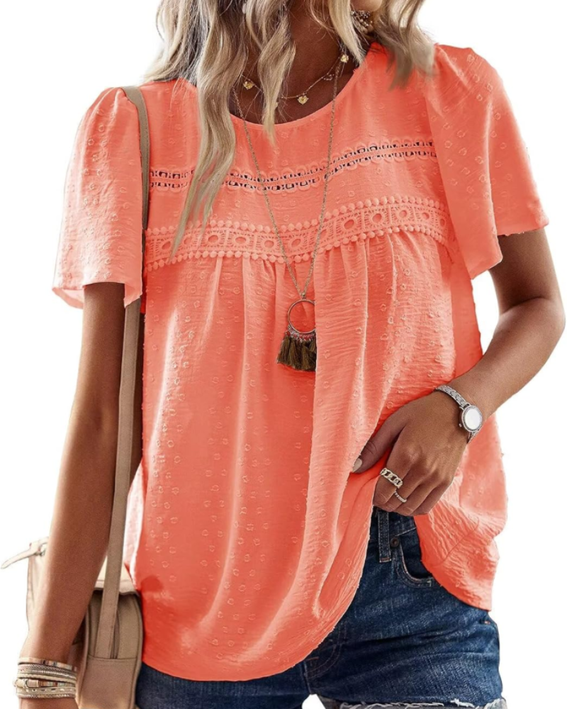 Elspeth Top Donna – Blouse en chiffon avec dentelle crochet, col rond et manches courtes