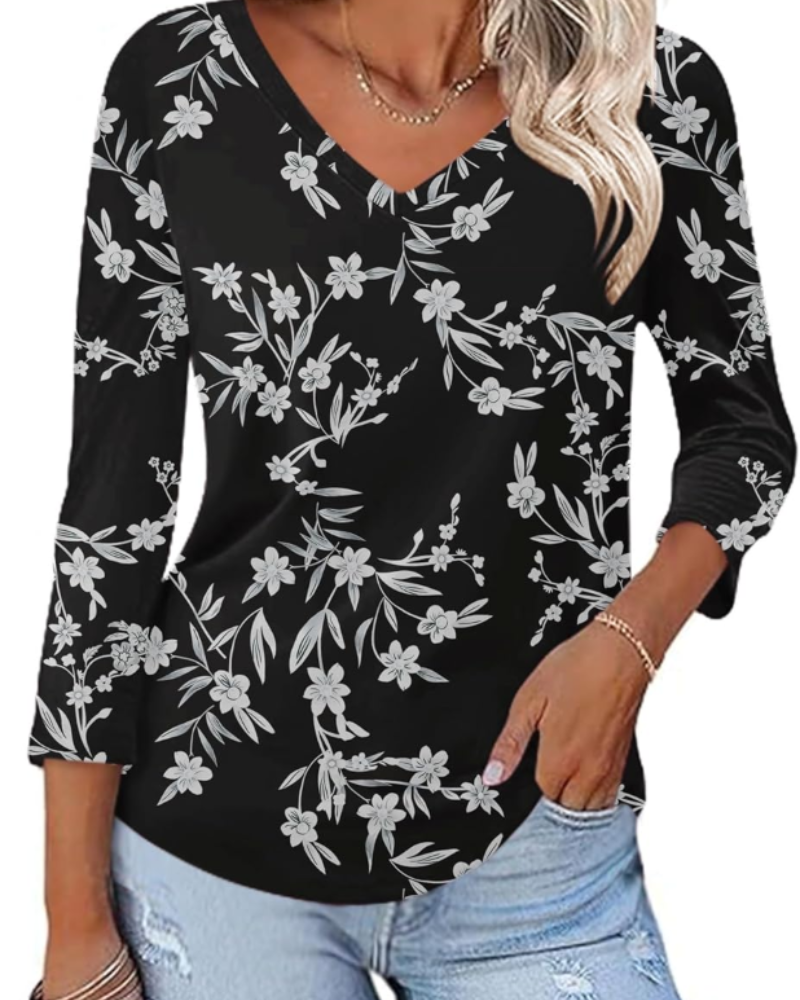 Carys Blusa Donna – Top Floreale con Scollo a V, Maniche 3/4 e Orlo Curvo