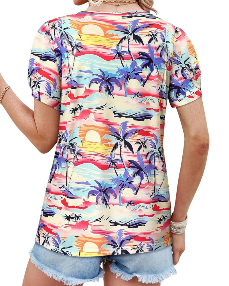 Harper T-Shirt Donna – Blusa Floreale Tropicale con Scollo a V e Maniche a Sbuffo